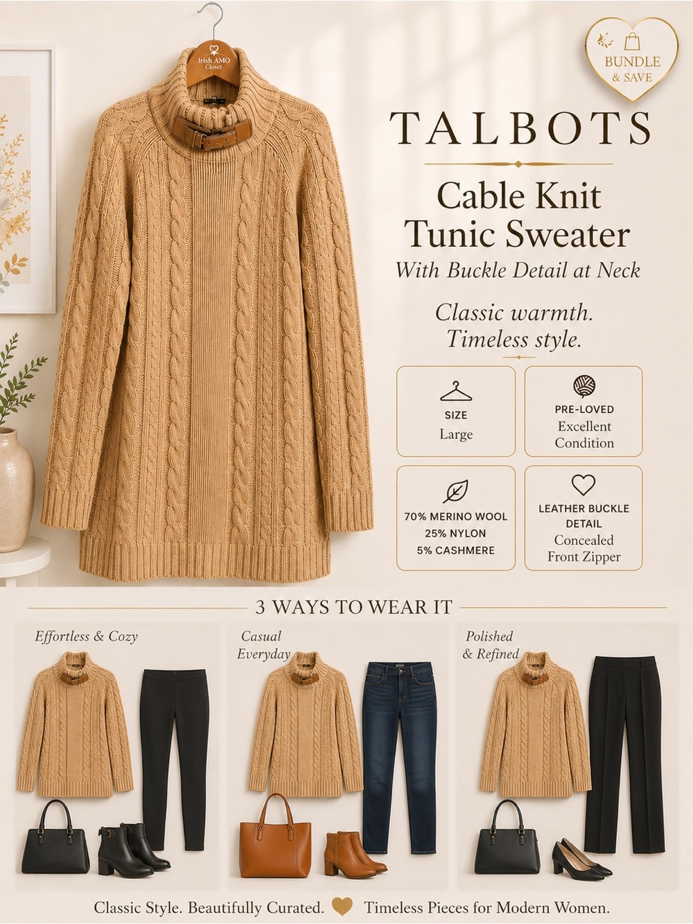 Talbots Cable-Knit Wool/Cashmere/Nylon Blend Tunic Sweater w/Buckle Neck - Sz L